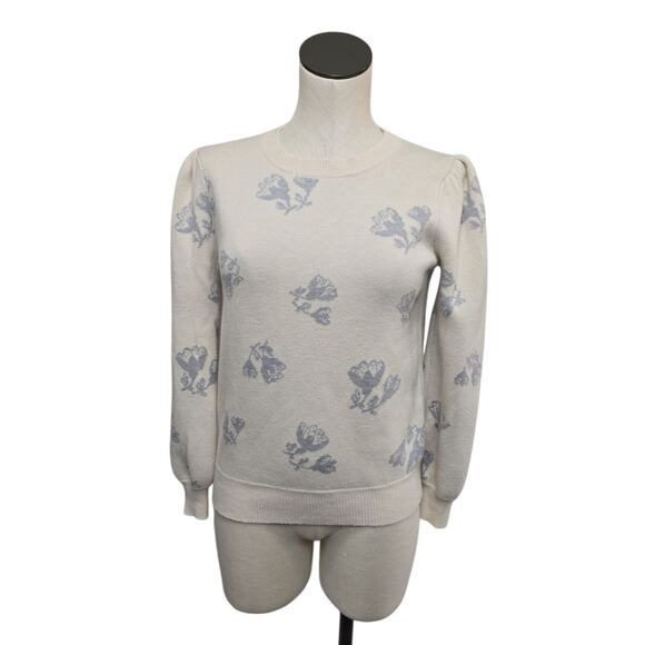 Rebecca Taylor Wool Puff Sleeve Sweater Size Medium Floral Blue Cream Cottage - Picture 1 of 9